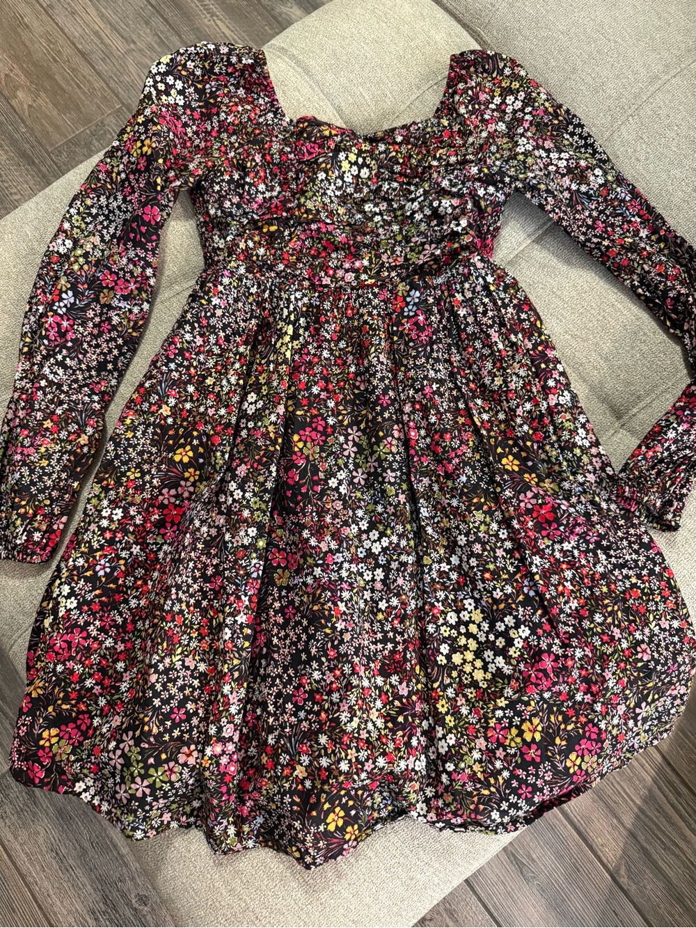 GAP Black Floral Long-Sleeve Girls' Dress with Pink and Yellow Accents